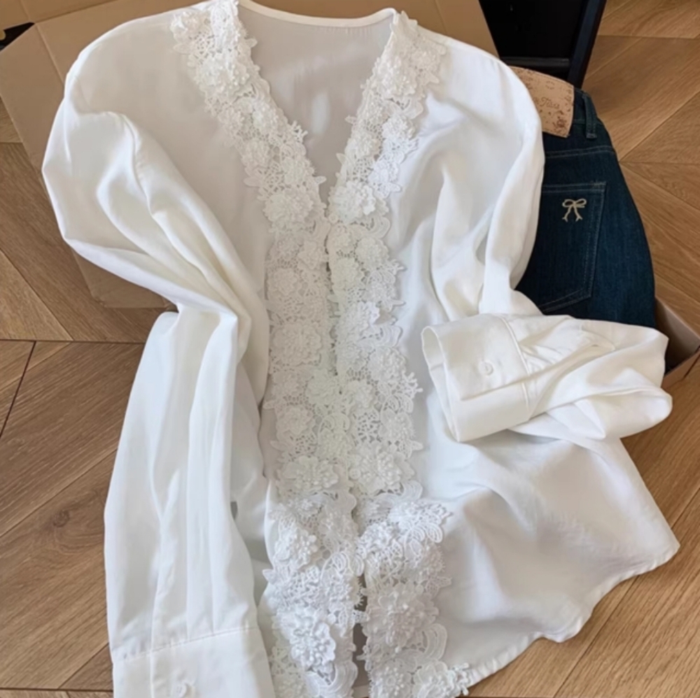 White 3D Floral Lace Open Front Blouse